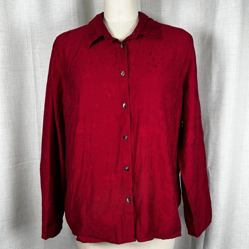 J Jill Button Down Blouse Womens XL Red Jacquard Floral Print Rayon Nylon